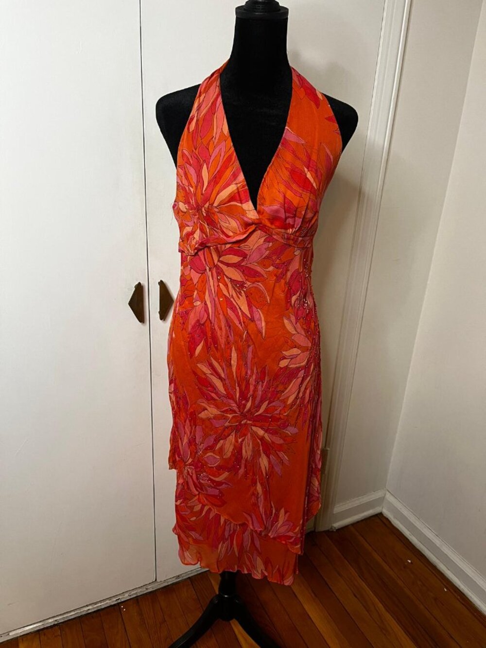 Halter Backless Floral Midi Dress in Vibrant Orange-Pink